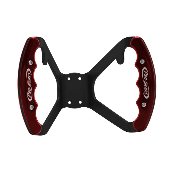 C42-484-B-D-BLk Billet Aluminum Butterfly Steering Wheel Black Anodized Base Drilled Base - with Button Tabs Red Grips