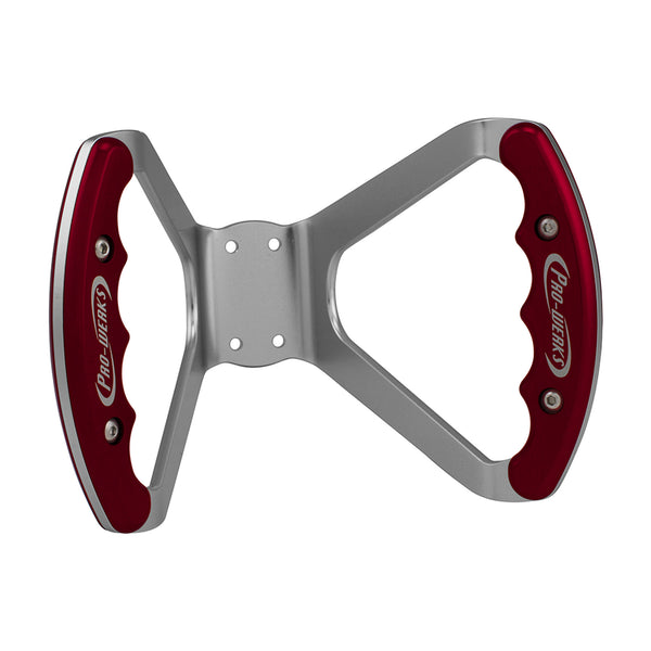 C42-484-D_front Billet Aluminum Butterfly Steering Wheel Silver Anodized Base Drilled Base Red Grips