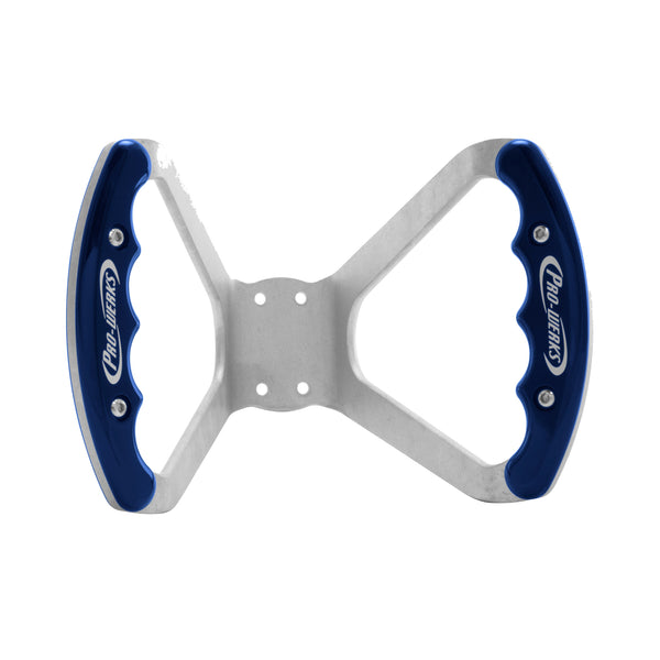 C42-486-D-R Billet Aluminum Butterfly Steering Wheel Raw Aluminum Base Drilled Base Blue Grips