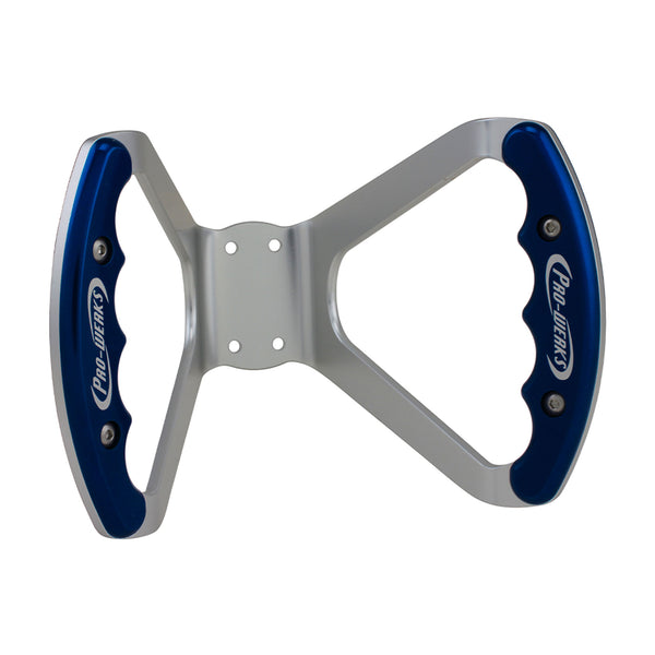 C42-486-D_front Billet Aluminum Butterfly Steering Wheel Silver Anodized Base Drilled Base Blue Grips