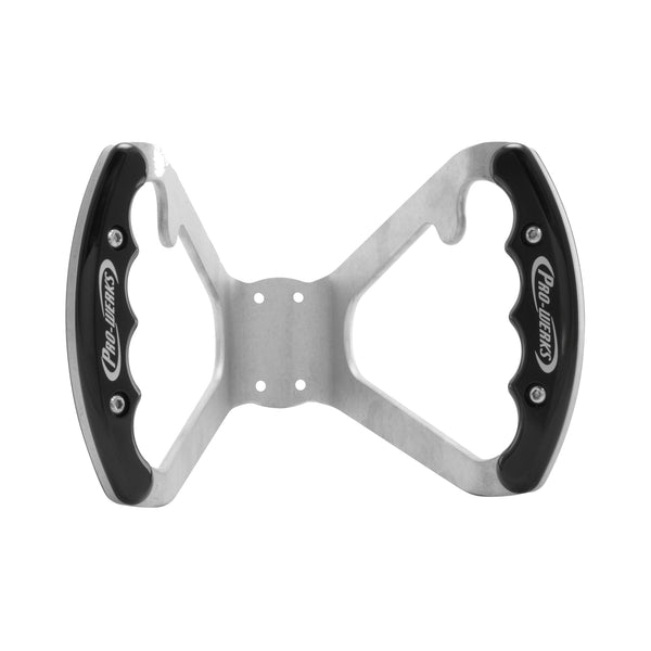 C42-487-B-D-R Billet Aluminum Butterfly Steering Wheel Raw Aluminum Base Drilled Base - with Button Tabs Black Grips