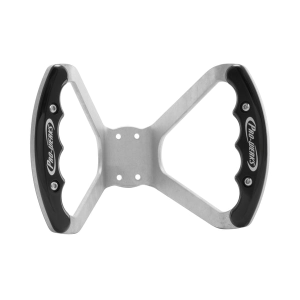 C42-487-D-R Billet Aluminum Butterfly Steering Wheel Raw Aluminum Base Drilled Base Black Grips