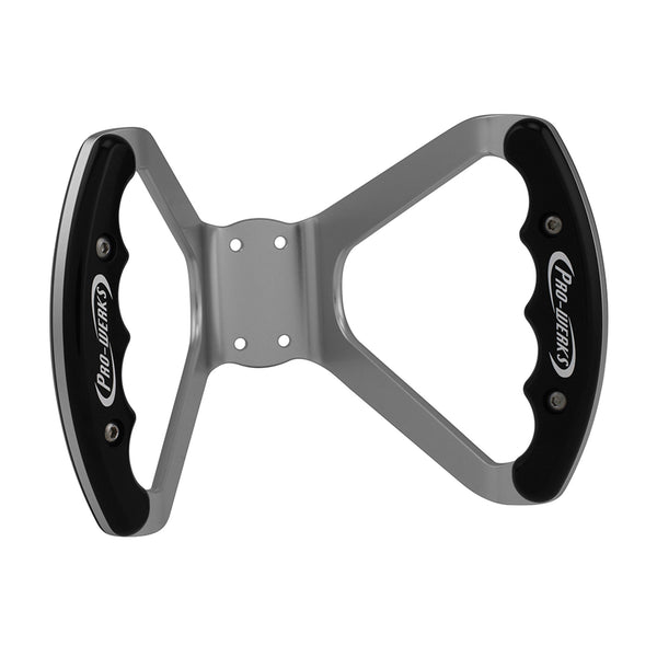 C42-487-D_front Billet Aluminum Butterfly Steering Wheel Silver Anodized Base Drilled Base Black Grips