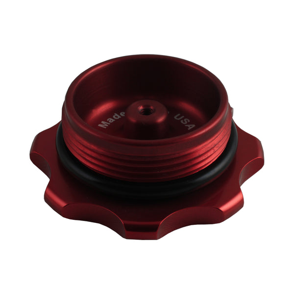 C73-706_17 Easy Turn Fill Cap with Lanyard Boss and Aluminum Fuel Cell Bung Silver 6 Bolt: 2-3 4 Inch Cap Red