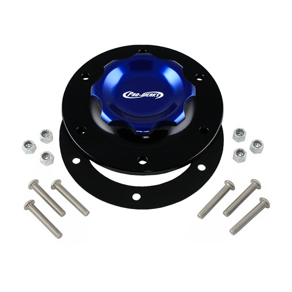 C73-707-BLK_2 Easy Turn Fill Cap with Lanyard Boss and Aluminum Fuel Cell Bung Black 6 Bolt: 2-3 4 Inch Cap Blue