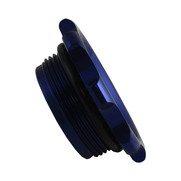 C73-707-BLK_9 Easy Turn Fill Cap with Lanyard Boss and Aluminum Fuel Cell Bung Black 6 Bolt: 2-3 4 Inch Cap Blue