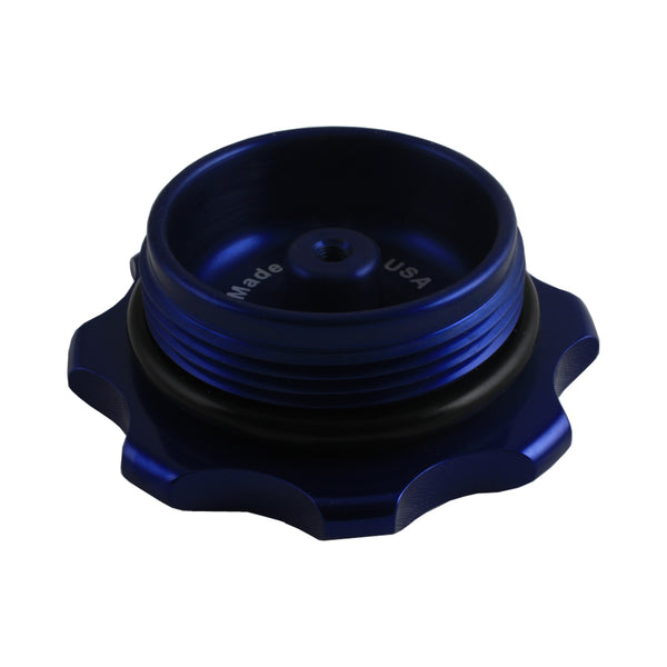 C73-707_14 Easy Turn Fill Cap with Lanyard Boss and Aluminum Fuel Cell Bung Silver 6 Bolt: 2-3 4 Inch Cap Blue