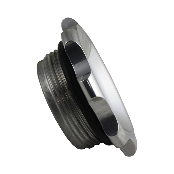 C73-709_10 Easy Turn Fill Cap with Lanyard Boss and Aluminum Fuel Cell Bung Silver 6 Bolt: 2-3 4 Inch Cap Polished