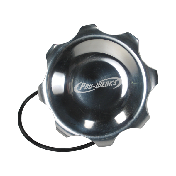 C73-709_6 Easy Turn Fill Cap with Lanyard Boss and Aluminum Fuel Cell Bung Silver 6 Bolt: 2-3 4 Inch Cap Polished