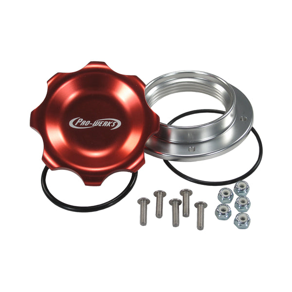 C73-776-B_1 Easy Turn Fill Cap with Aluminum Bolt-On Bung 2-3 4 Inch with Lanyard Boss Red