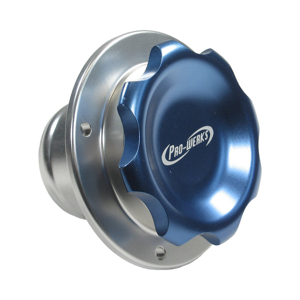 C73-777-H2_D1 Easy Turn Fill Cap with Aluminum Remote Mount Bung 2-3 4 Inch with Lanyard Boss Remote Mount: 2 Inch Hose Blue