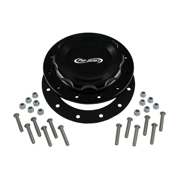 C74-715-BLK_2 Easy Turn Fill Cap with Lanyard Boss and Aluminum Fuel Cell Bung Black 12 Bolt: 4-1 4 Inch Cap Black