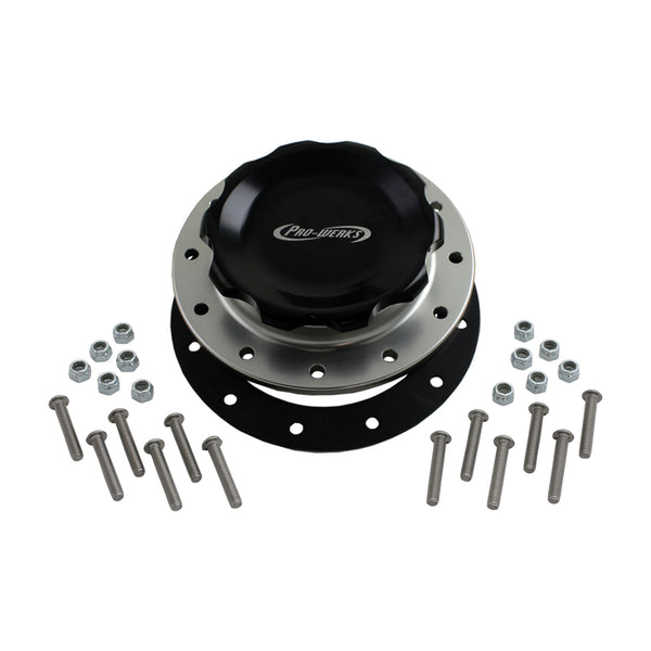 C74-715_7 Easy Turn Fill Cap with Lanyard Boss and Aluminum Fuel Cell Bung Silver 12 Bolt: 4-1 4 Inch Cap Black