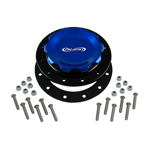 C74-717-BLK_2 Easy Turn Fill Cap with Lanyard Boss and Aluminum Fuel Cell Bung Black 12 Bolt: 4-1 4 Inch Cap Blue