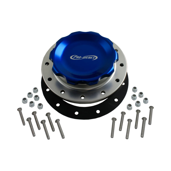 C74-717_7 Easy Turn Fill Cap with Lanyard Boss and Aluminum Fuel Cell Bung Silver 12 Bolt: 4-1 4 Inch Cap Blue