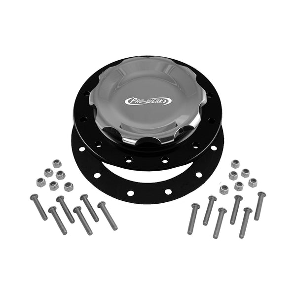 C74-719-BLK_2 Easy Turn Fill Cap with Lanyard Boss and Aluminum Fuel Cell Bung Black 12 Bolt: 4-1 4 Inch Cap Polished