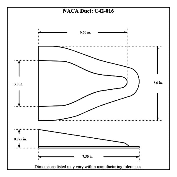 c42-016diagram Fiberglass NACA Duct 3 in. Wide: 6-1 2 in. Long: 7 8 in. Inlet Depth