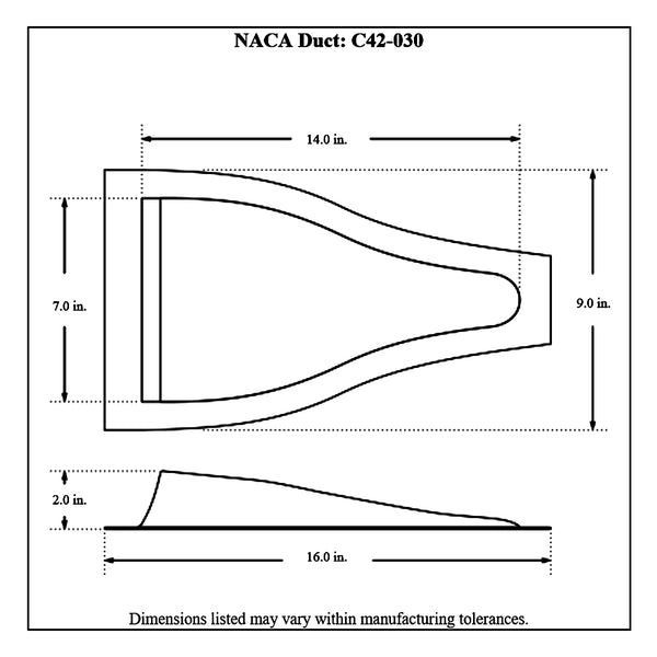 c42-030diagram Fiberglass NACA Duct 7 in. Wide: 14 in. Long: 2 in. Inlet Depth