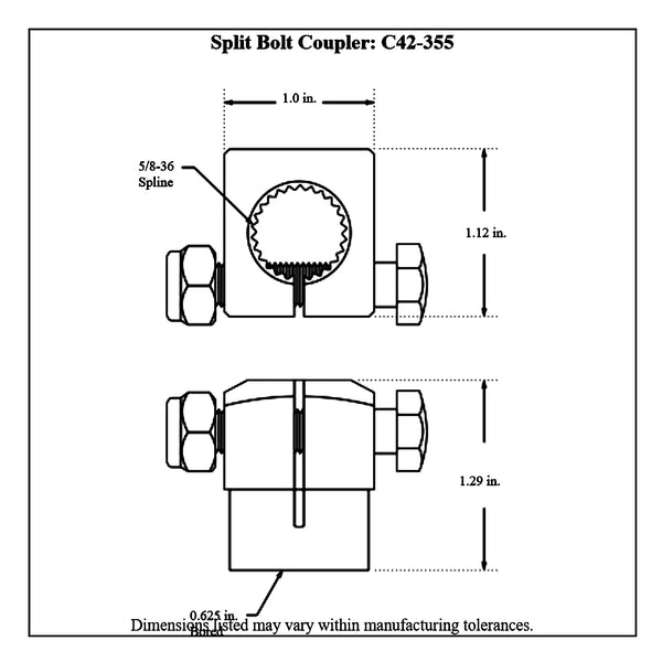 c42-355diagram 5/8-36 Female Spline, Weld On Coupler, fits 6.4:1, 10:1, 12:1, 15:1 Stiletto Rack-n-Pinion Split Bolt Coupler: 5 8 Inch ID Bore