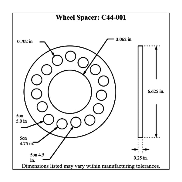 c44-001diagram Billet Aluminum Wheel Spacers 5 on 4-1 2 inch: 5 on 4-3 4 inch: 5 on 5 inch 1 4 in. Thick