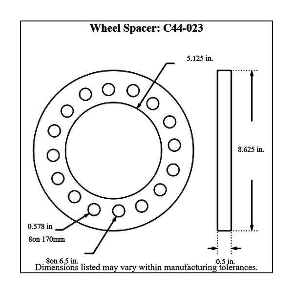 c44-023diagram Billet Aluminum Wheel Spacers 8 on 170 mm: 8 on 6-1 2 inch 1 2 in. Thick