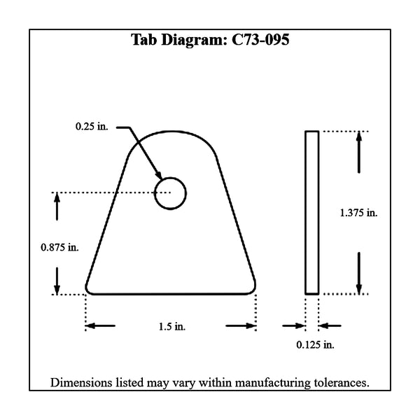 c73-095-10diagram 1/4 Inch Hole, 1/8 Inch Thick, 7/8 Inch Hole Height, Mild Steel Flat Weld Tab