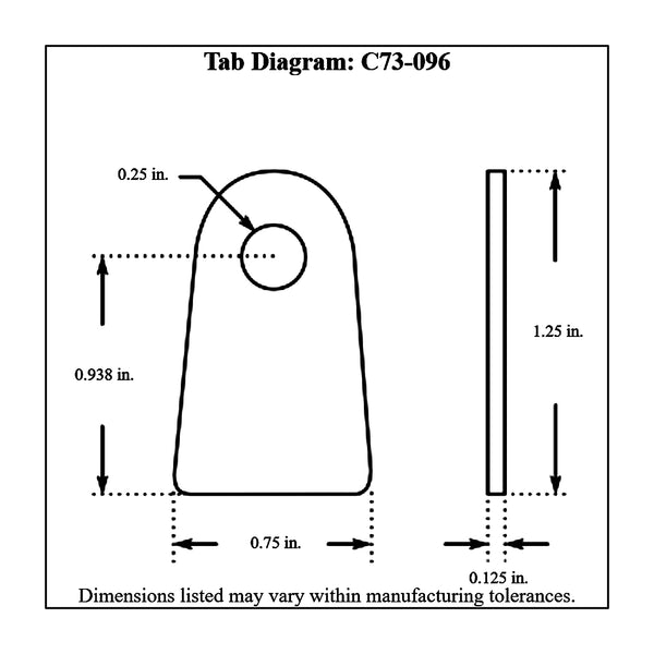 c73-096-10diagram 1/4 Inch Hole, 1/8 Inch Thick, 15/16 Inch Hole Height, Mild Steel Flat Weld Tab