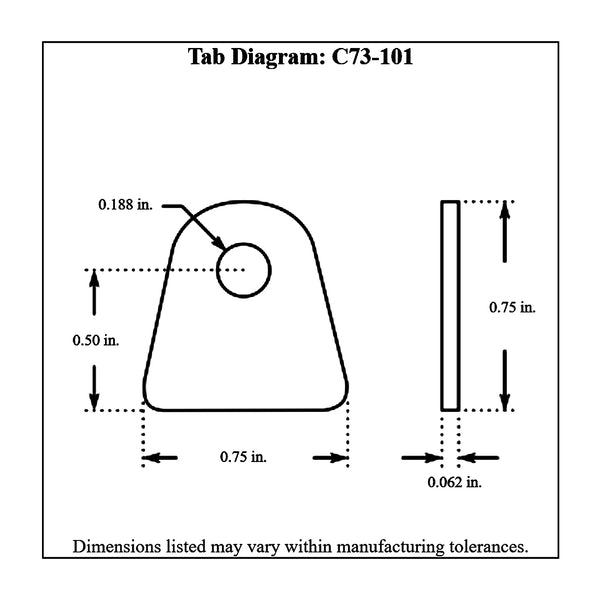 c73-101-10diagram 3/16 Inch Hole, 1/16 Inch Thick, 1/2 Inch Hole Height, Mild Steel Flat Weld Tab