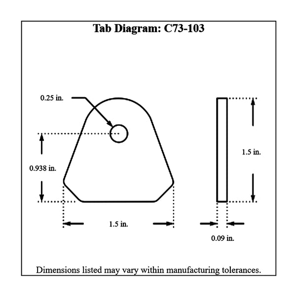 c73-103-10diagram 1/4 Inch Hole, 3/32 Inch Thick, 15/16 Inch Hole Height, Mild Steel Flat Weld Tab