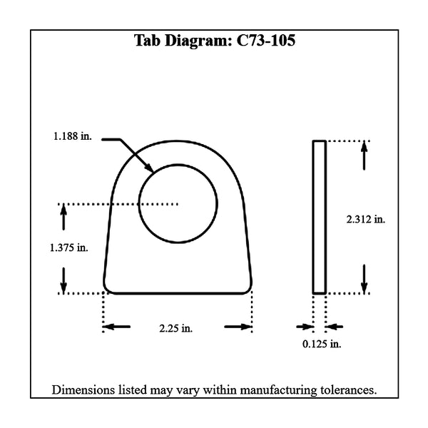 c73-105-4diagram 1-3/16 Inch Hole, 1/8 Inch Thick, 1-3/8 Inch Hole Height, Mild Steel Flat Weld Tab