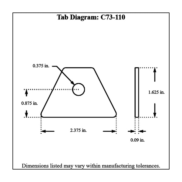 c73-110-10diagram 3/8 Inch Hole, 3/32 Inch Thick, 7/8 Inch Hole Height, Mild Steel Flat Weld Tab