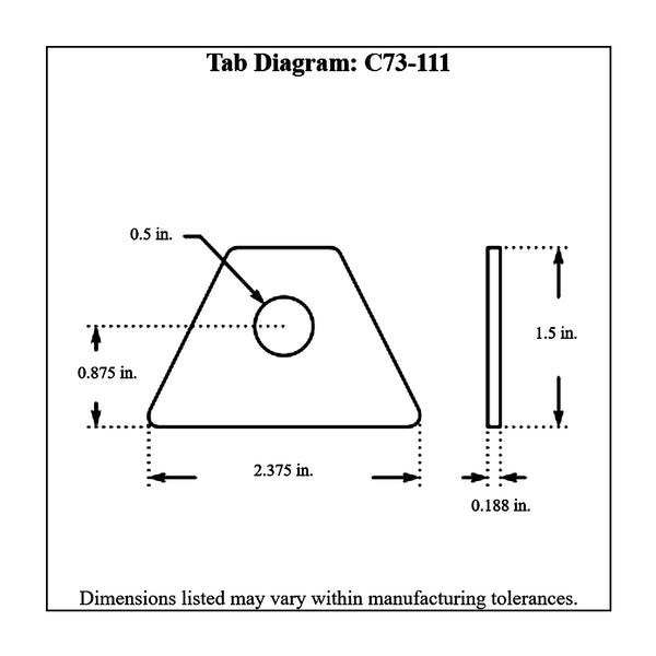 c73-111-10diagram 1/2 Inch Hole, 3/16 Inch Thick, 7/8 Inch Hole Height, Mild Steel Flat Weld Tab