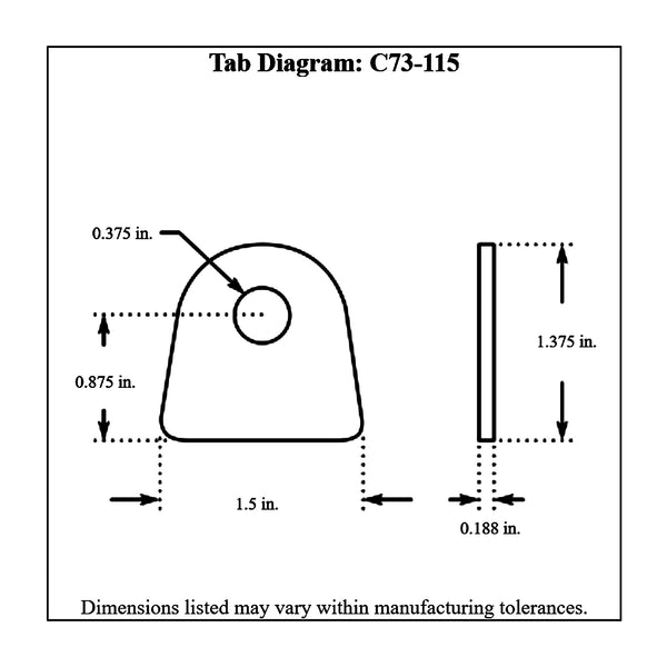 c73-115-4diagram 3/8 Inch Hole, 3/16 Inch Thick, 7/8 Inch Hole Height, Mild Steel Flat Weld Tab