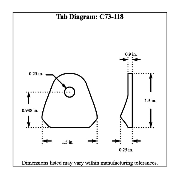 c73-118-10diagram 1/4 Inch Hole, 3/32 Inch Thick, 15/16 Inch Hole Height, Mild Steel Bent Weld Tab