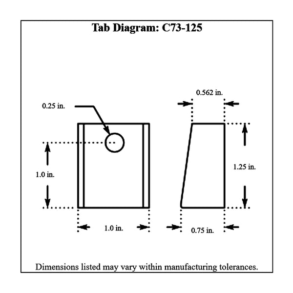 c73-125-4diagram 1/4 Inch Hole, 3/32 Inch Thick, 1 Inch Hole Height, Mild Steel Bent Weld Tab