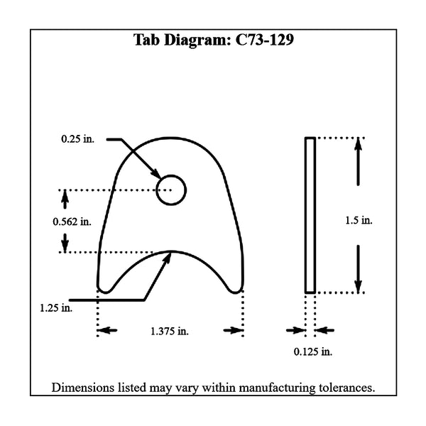 c73-129-4diagram 1/4 Inch Hole, 1/8 Inch Thick, 9/16 Inch Hole Height, 1-1/4 Inch Tube, Mild Steel Radius Weld Tab