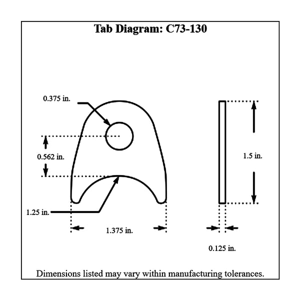 c73-130-4diagram 3/8 Inch Hole, 1/8 Inch Thick, 9/16 Inch Hole Height, 1-1/4 Inch Tube, Mild Steel Radius Weld Tab