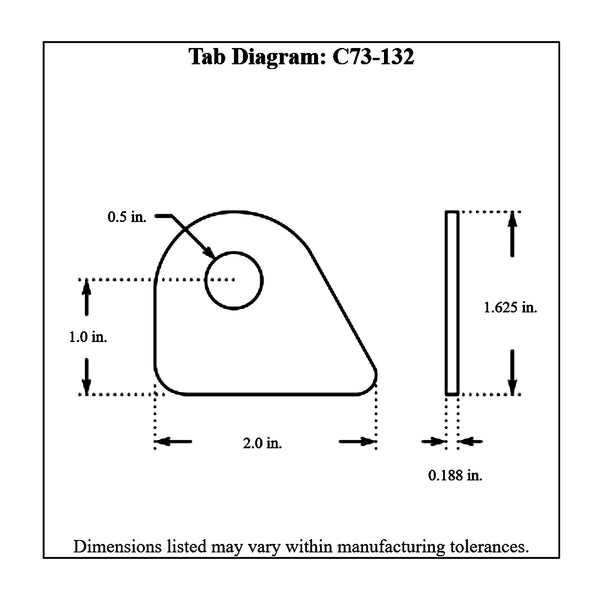 c73-132-4diagram 1/2 Inch Hole, 3/16 Inch Thick, 1 Inch Hole Height, Mild Steel Flat Weld Tab