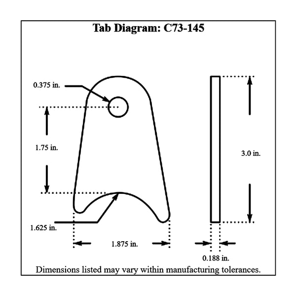 c73-145-4diagram 3/8 Inch Hole, 3/16 Inch Thick, 1-3/4 Inch Hole Height, 1-5/8 Inch Tube, Mild Steel Radius Weld Tab