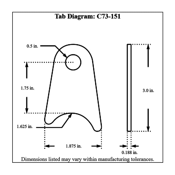 c73-151-4diagram 1/2 Inch Hole, 3/16 Inch Thick, 1-3/4 Inch Hole Height, 1-5/8 Inch Tube, Mild Steel Radius Weld Tab