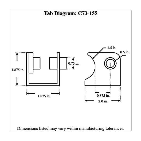 c73-155diagram Fits 1-1/2 Inch Tubing, 1/2 Inch Bolt Hole, Mild Steel Shock Weld Bracket Kit With Bushing Right