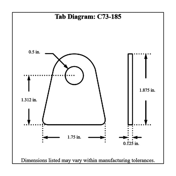 c73-185-4diagram 1/2 Inch Hole, 1/8 Inch Thick, 1-5/16 Inch Hole Height, Mild Steel Flat Weld Tab