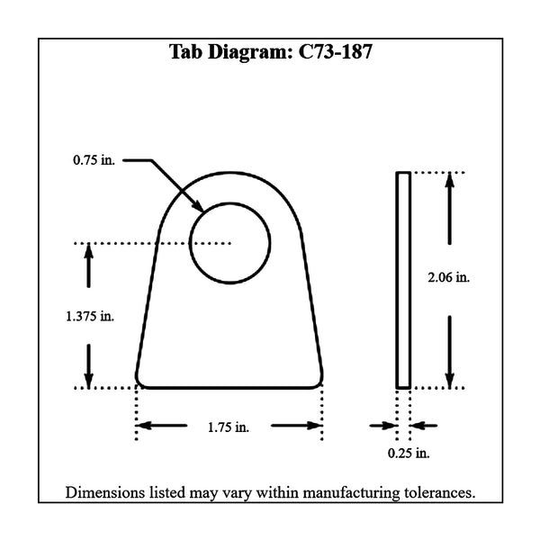 c73-187-4diagram 3/4 Inch Hole, 1/4 Inch Thick, 1-3/8 Inch Hole Height, Mild Steel Flat Weld Tab