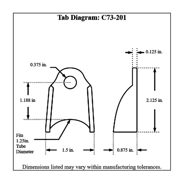 c73-201-4diagram 3/8 Inch Hole, 1/8 Inch Thick, 1-3/16 Inch Hole Height, 1-1/4 Inch Tube, Chromoly Bent Weld Tab, 4130N