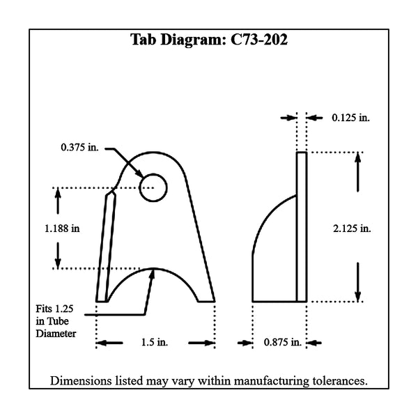 c73-202-4diagram 3/8 Inch Hole, 1/8 Inch Thick, 1-3/16 Inch Hole Height, 1-1/4 Inch Tube, Chromoly Bent Weld Tab, Left, 4130N