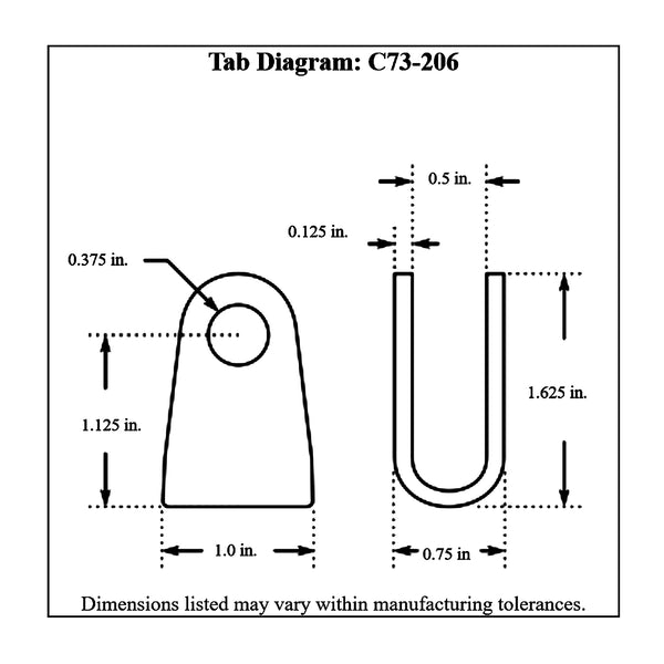 c73-206-2_117e4859-5f24-4270-9cb2-35fb4c94d47a 3/8 Inch Hole, 1-1/8 Inch Hole Height, .500 Inch Inside Width, Chromoly Rod End Clevis, 4130N 1 Inch Long: 7 8 Inch Diameter Tube Each