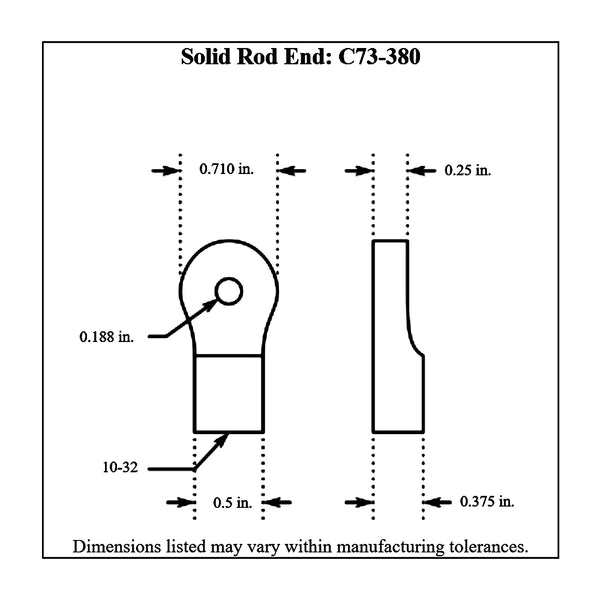 c73-380 Billet Aluminum Solid Rod End Cable End, 3/16 Dia. Hole x 10-32 NF Right Hand Threads on Cable Attachment