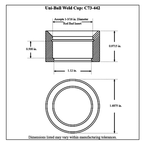 c73-442diagram Chromoly Uni-Ball Weld Cup for Rod End Insert, 4130N For 1-3 16 Inch Rod End Insert