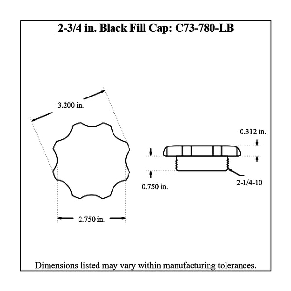 c73-705-blkdiagram Easy Turn Fill Cap with Lanyard Boss and Aluminum Fuel Cell Bung Black 6 Bolt: 2-3 4 Inch Cap Black