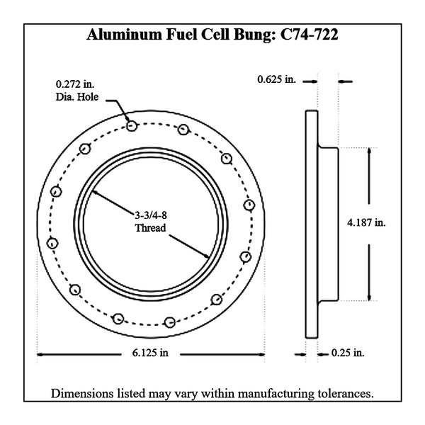 c73-722diagram Bolt-On Fuel Cell Aluminum Fill Cap Bung 12 Bolt: 4-1 4 Inch Fill Cap Silver